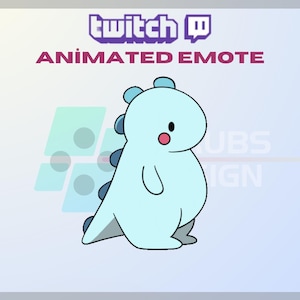Puede incluir: Emoticono animado de Twitch con un dinosaurio azul claro con un rubor rosado en la mejilla. El dinosaurio está de pie sobre un fondo blanco.