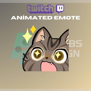 May include: Animated Twitch emote featuring a cartoon cat with large, sparkling eyes and an open mouth. The cat is brown and gray with stripes and has a pink tongue. The background is a gradient of light brown and beige.