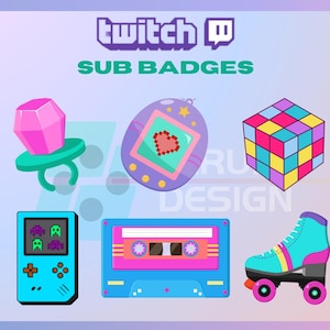 May include: A set of six colorful Twitch sub badges featuring retro 90s designs. The badges include a pink gem ring, a blue and purple game console, a blue and pink cassette tape, a blue and pink roller skate, a blue and pink Tamagotchi, and a colorful Rubik's cube.