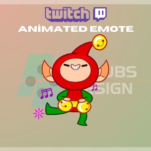 May include: Animated Twitch emote featuring a cartoon elf in red and green attire. The elf has a smiling face and is dancing with musical notes around it. The text "Twitch Animated Emote" is at the top.