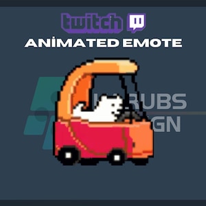 May include: Animated Twitch emote featuring a white dog driving a red and orange car with a white roof. The car has a black steering wheel and black wheels.