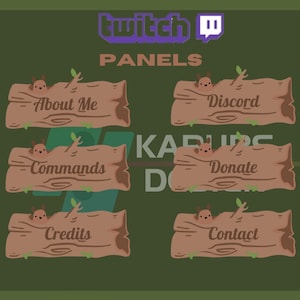 May include: Five brown wooden log panels with cartoon squirrels peeking out. Each panel has white text on it: About Me, Commands, Credits, Discord, Donate, and Contact.