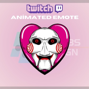 Può includere: Emote Twitch animato con un cuore rosa con un viso bianco al suo interno. Il viso ha un motivo a spirale rosso e nero su ogni guancia e occhi rossi. Il viso sorride con una bocca larga e denti affilati.