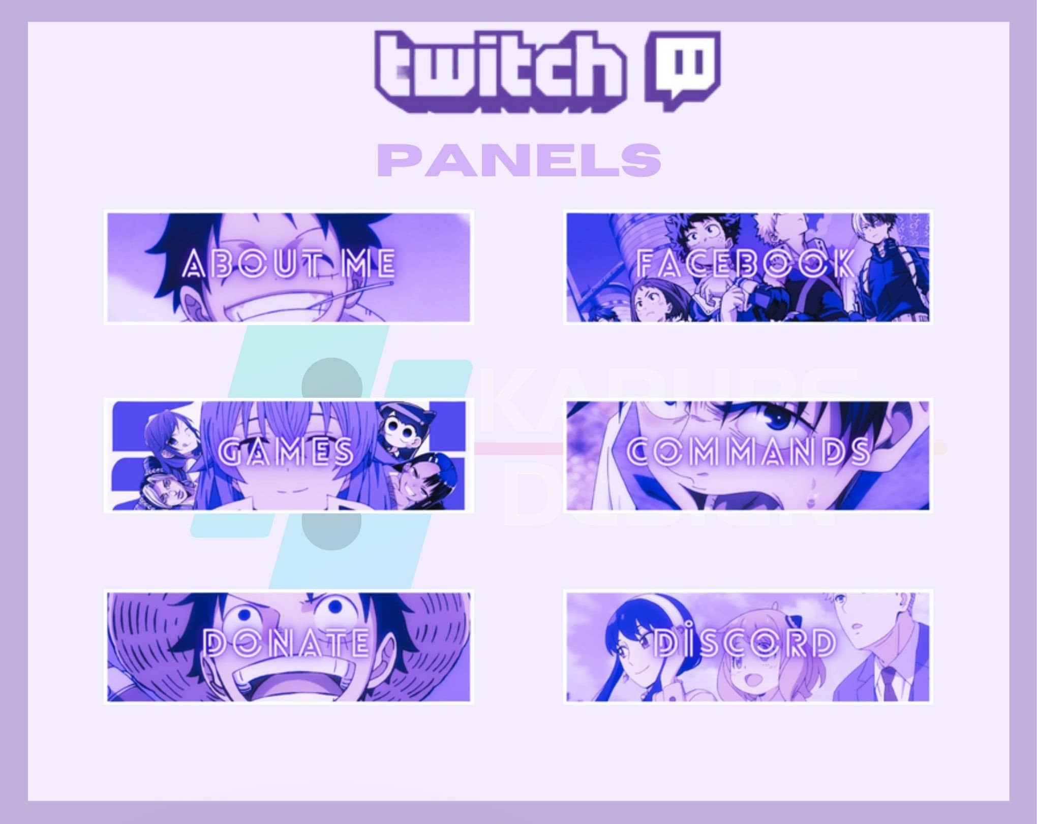 15x Twitch Panels Pack Cute Anime Panels, Anime Girl, Purple Panel, Boy