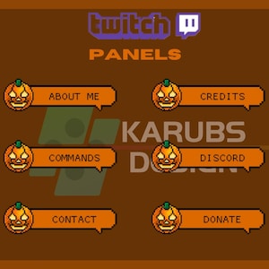 Puede incluir: Paneles de Twitch con temática de Halloween con fondos naranja y marrón. Cada panel presenta un icono de calabaza y texto: Acerca de mí, Comandos, Contacto, Créditos, Discord, Donar.