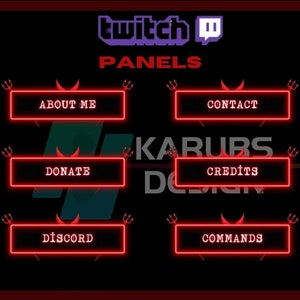 May include: Twitch panel design with red neon buttons and devil horns. The buttons say "About Me", "Donate", "Discord", "Contact", "Credits", and "Commands".