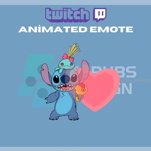 Puede incluir: Emoticono animado de Twitch con un personaje azul Stitch sosteniendo un corazón rosa y un pequeño extraterrestre azul con un lazo amarillo en la cabeza.