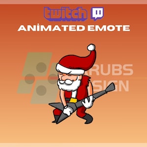 Könnte beinhalten: Animiertes Twitch-Emote mit einem Cartoon-Weihnachtsmann, der einen roten Anzug und einen weißen Bart trägt und eine E-Gitarre spielt. Der Hintergrund ist ein Farbverlauf von Orange zu Rot.