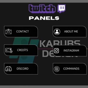 Op de afbeelding: Een zwart-wit grafisch ontwerp met de tekst "Twitch Panels" in wit. Het ontwerp bevat zes zwarte knoppen met witte pictogrammen en tekst. De knoppen zijn gelabeld met "Contact", "Over mij", "Credits", "Instagram", "Discord" en "Commando's".