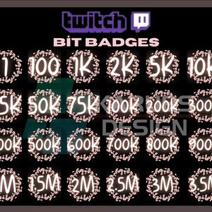 以下が含まれることがあります： ピンクの花柄のデザインが施されたTwitchビットバッジ18個セット。バッジには、1から350万までのさまざまなビット量が示されています。