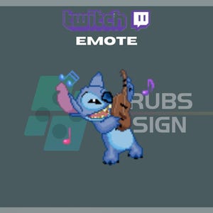 May include: A blue cartoon character with large ears playing a violin. The character is smiling and has a pink tongue sticking out. The background is a dark grey with a purple Twitch logo and the word "EMOTE" in white text.