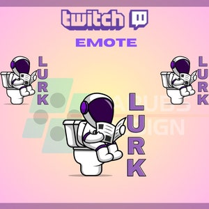 Puede incluir: Emote de Twitch morado y blanco con un astronauta sentado en un inodoro leyendo un periódico con la palabra "LURK" escrita verticalmente a su lado.