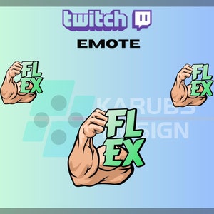 Könnte beinhalten: Ein grünes Twitch-Emote mit dem Text "FL EX" im Cartoon-Stil, das einen flexenden Bizeps zeigt.