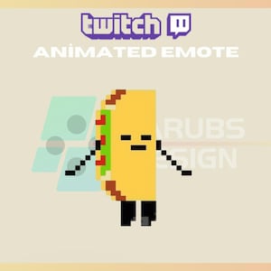 May include: Animated Twitch emote of a yellow taco with a green and red filling, black arms and legs, and a neutral facial expression.