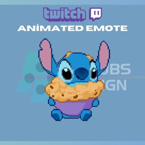 Puede incluir: Emoticono animado de Twitch con un personaje azul pixelado con ojos grandes y orejas rosas, sosteniendo una galleta marrón frente a su boca.