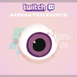 K&ouml;nnte beinhalten: Animiertes Twitch-Emote mit einem gro&szlig;en, wei&szlig;en Auge mit einer violetten Iris und einer schwarzen Pupille. Das Auge hat rote Adern und ist vor einem rosa Hintergrund platziert.