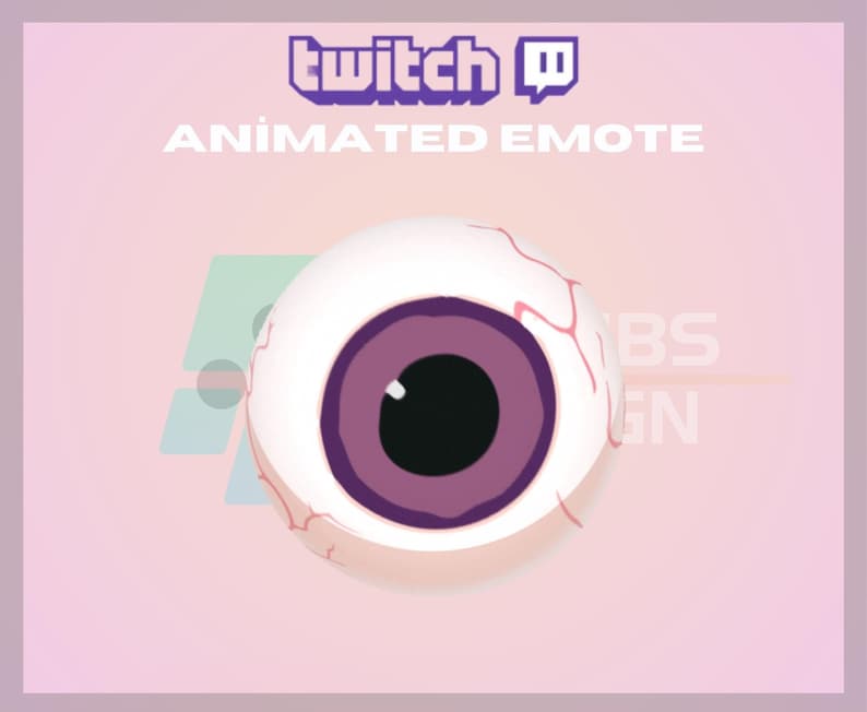 K&ouml;nnte beinhalten: Animiertes Twitch-Emote mit einem gro&szlig;en, wei&szlig;en Auge mit einer violetten Iris und einer schwarzen Pupille. Das Auge hat rote Adern und ist vor einem rosa Hintergrund platziert.