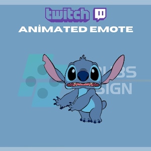 May include: Animated Twitch emote featuring Stitch from Lilo & Stitch. Stitch is blue with large eyes and a surprised expression. He has pink ears and is standing on two legs with his arms outstretched.