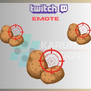May include: Digital design with three pairs of potatoes, each with a red target reticle. The word "EMOTE" is in red, and the Twitch logo is in purple. The design also includes the text "KARUBS DESIGN".
