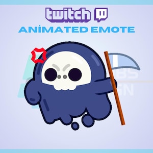 May include: Animated Twitch emote featuring a blue ghost with a skull face holding a brown scythe. The ghost has a red angry expression and is dripping blue liquid.