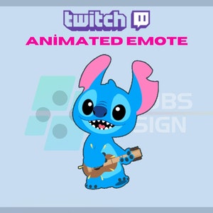 May include: Animated Twitch emote featuring a blue Stitch character with pink ears playing a brown ukulele. The emote is titled "Animated Emote" and has the Twitch logo in the upper left corner.
