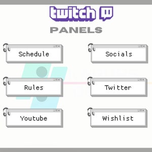 Może przedstawiać: Grafika z logo Twitch i słowem "PANELS" w białym kolorze. Jest sześć prostokątnych paneli ze zaokrąglonymi rogami, każdy z inną etykietą: "Schedule", "Rules", "Youtube", "Socials", "Twitter" i "Wishlist".