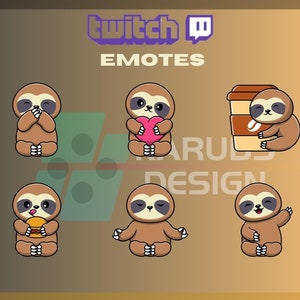 6 Twitch Emotes, Sloth Animal Emote, Cute Animal, Love Emote, Hi Emote, For Streamers - Instant Download / Ready to Use PNG (transparent)