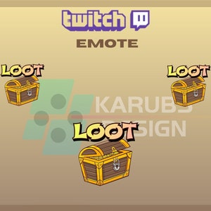 Peut inclure: Un émoji Twitch représentant un coffre au trésor de dessin animé avec le mot "LOOT" écrit dessus dans une police colorée et stylisée. Le coffre est ouvert et contient des pièces d'or à l'intérieur. Le coffre est brun avec des accents dorés et une serrure.
