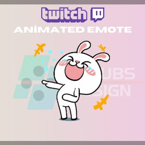 May include: A white cartoon bunny laughing with tears, blush marks, and an open mouth. The image includes the text "Twitch Animated Emote" in purple and white. The background is a gradient of pink and purple.