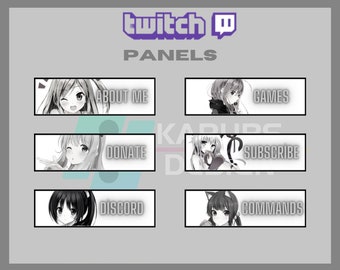 15x Twitch Panels Pack - Dark Anime Girls Panels, Cute Anime, Black And White, for Streamers - Instant Download /Ready to Use PNG