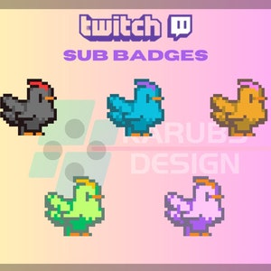 Könnte beinhalten: Fünf Pixel-Art-Hühner Twitch-Abo-Badges. Die Badges sind in Schwarz, Blau, Gelb, Grün und Lila. Der Text "twitch" und "sub badges" befindet sich über den Badges.