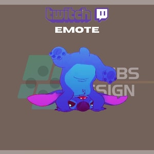 Puede incluir: Un personaje de dibujos animados azul con orejas grandes y una nariz rosa está boca abajo. El personaje es un emoticono Stitch para Twitch.