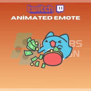 Puede incluir: Emoticono animado de Twitch con un gato azul con la boca muy abierta y un bolso rojo. El gato está sosteniendo dinero en sus patas y el dinero está saliendo del bolso.