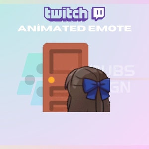 Pode incluir: Emoticon animado do Twitch com uma porta marrom com uma maçaneta amarela e uma menina com cabelo castanho e um laço azul olhando para a porta.