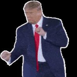May include: A man in a dark blue suit jacket and a red tie is dancing. He is wearing a white shirt and black pants. He has a serious expression on his face.