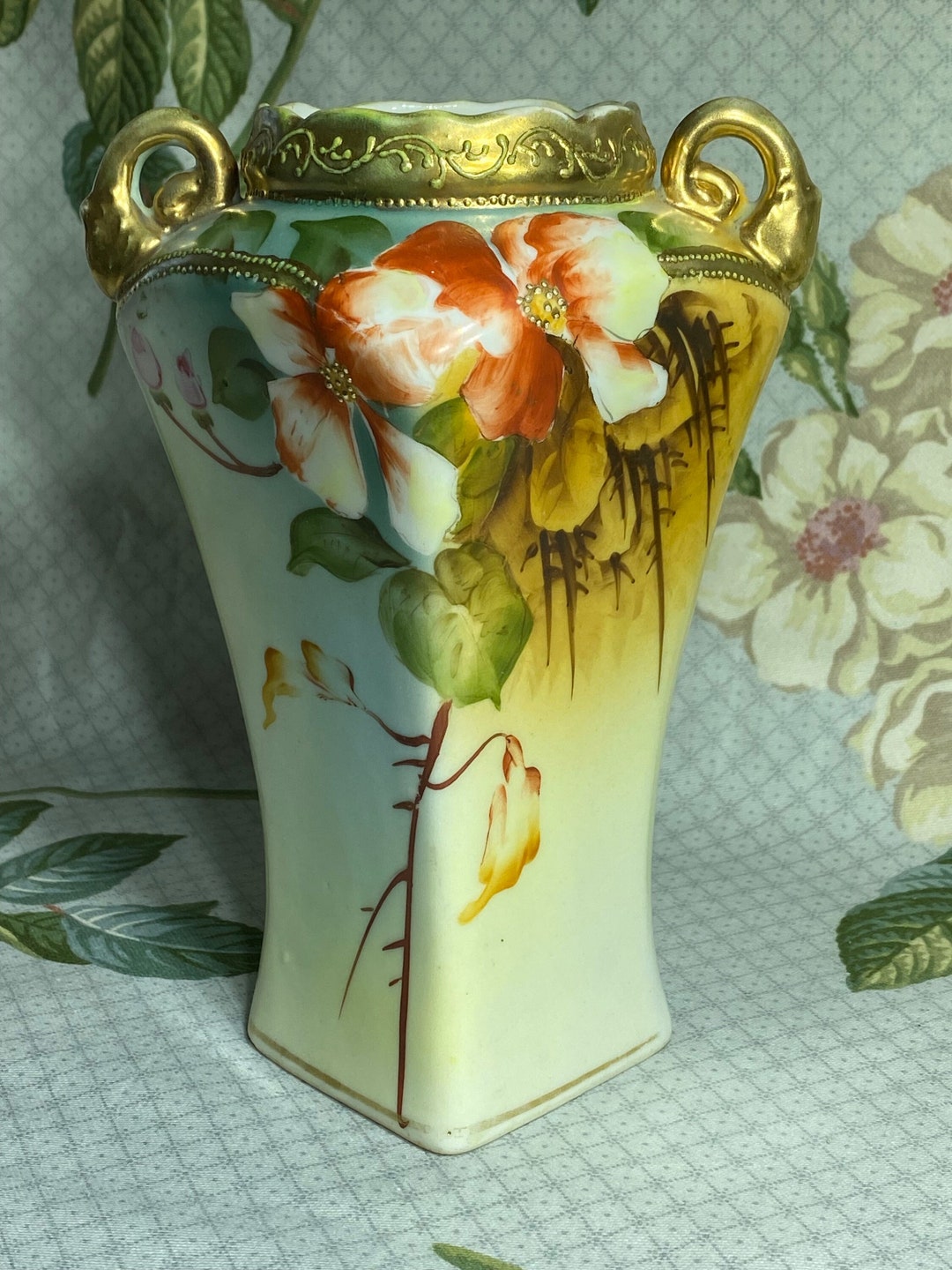Vintage Hand Painted Nippon Handled Vase With Dogwood, Rosebuds and
