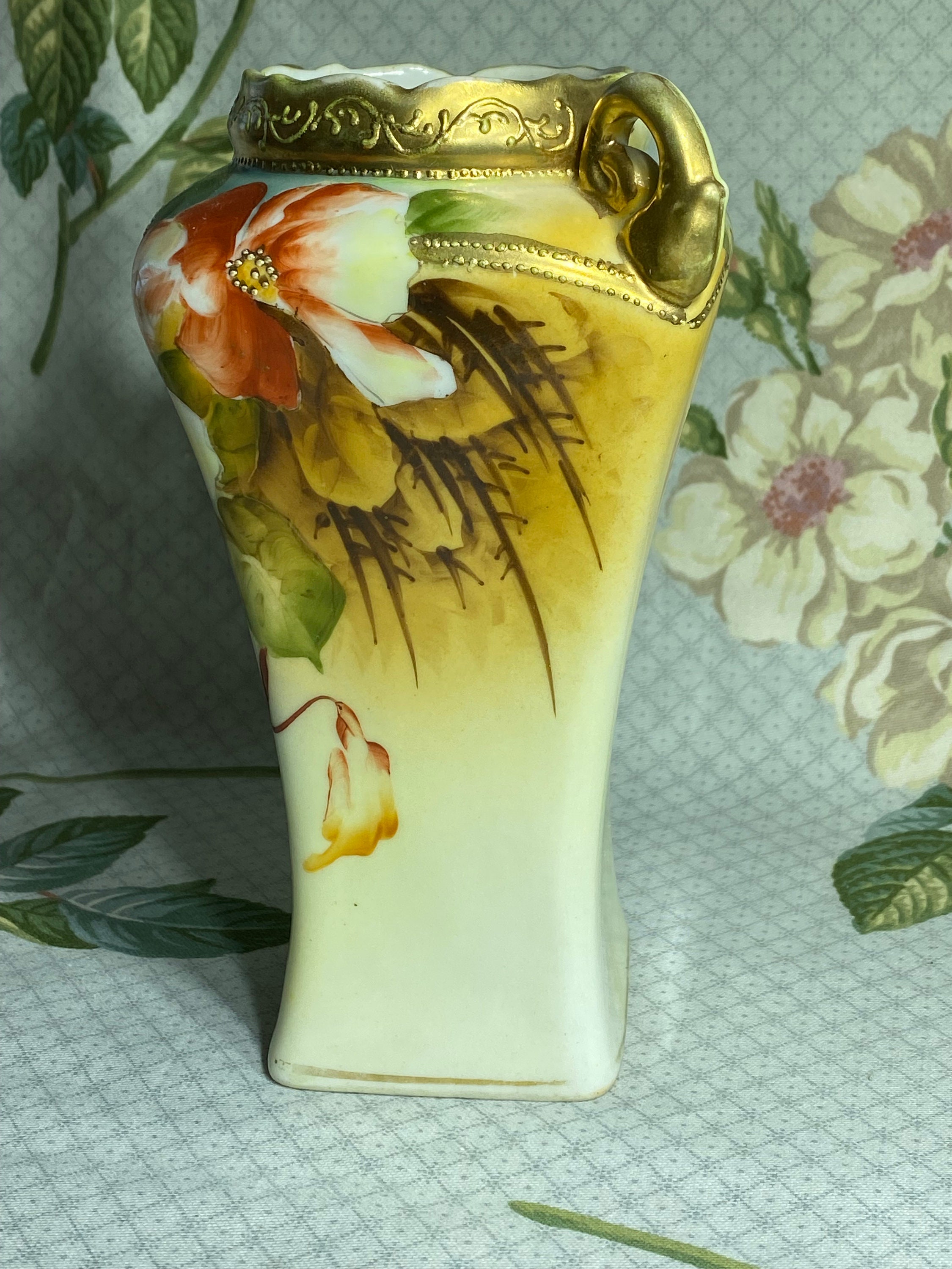 Vintage Hand Painted Nippon Handled Vase With Dogwood, Rosebuds and