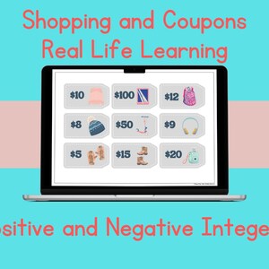 以下が含まれることがあります： 正負の整数を学ぶためのショッピングとクーポン活動を表示するラップトップの画面。画面には、帽子、ミトン、ブーツ、バックパック、ヘッドフォン、スクーター、タブレットなど、さまざまなアイテムが9つの価格タグで表示されています。各価格タグにはドル記号と数字が表示されています。
