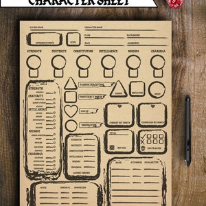 May include: A printable Dungeons & Dragons character sheet with sections for player name, class, race, alignment, skills, saving throws, attacks, and spellcasting. The sheet is designed to be filled out by hand.