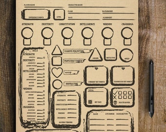 May include: A printable Dungeons & Dragons character sheet with sections for player name, class, race, alignment, skills, saving throws, attacks, and spellcasting. The sheet is designed to be filled out by hand.