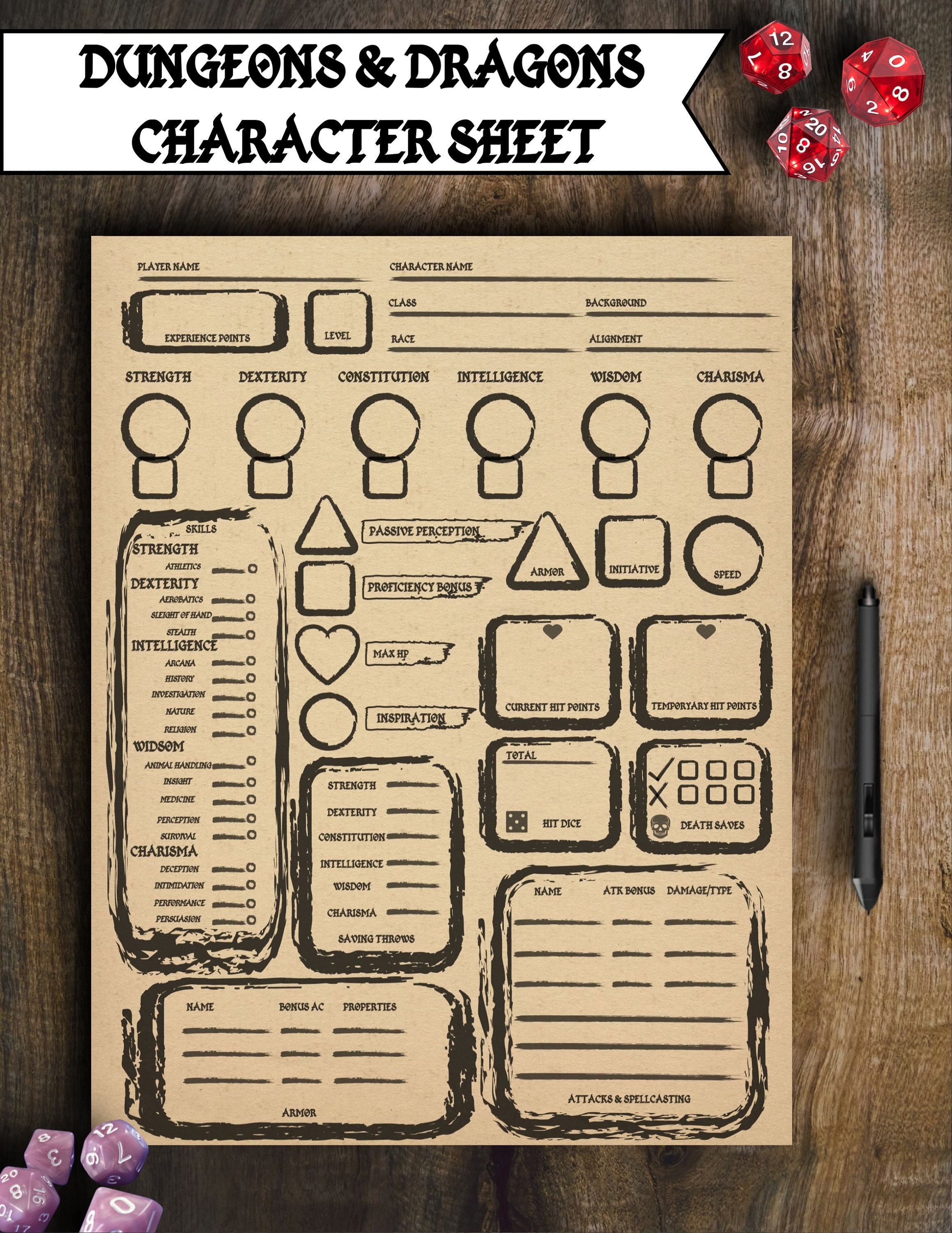Dungeons Dragons Printable Character Sheet Black and White Version Dungeons Dragons Printable Character Sheet Black and White Version
