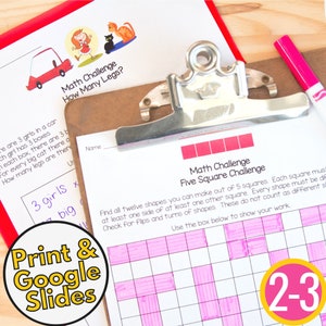May include: A printable worksheet for a math challenge. The worksheet has a grid with pink squares and the text "Math Challenge Five Square Challenge". The text "2-3" is written in a circle with a yellow background.