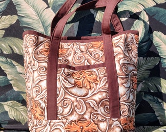 Lined Canvas Tote Bag / Purse / Handbag with Pockets / Orange Flowers on tan dark brown Handles 15 x 15 x 5 inches