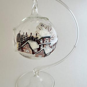 Lantern with stand, winter globe, hanging tealight holder, table decoration, handmade, approx. 10 cm diameter, houses, church in the snow, nature