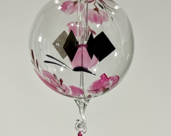 Lichtmühle Solar Sonnenmühle Glaskugel handbemalt Aquarell rosa mit Glastropfen,  8 x 19 cm, edler effektvoller Blickfang Fensterschmuck