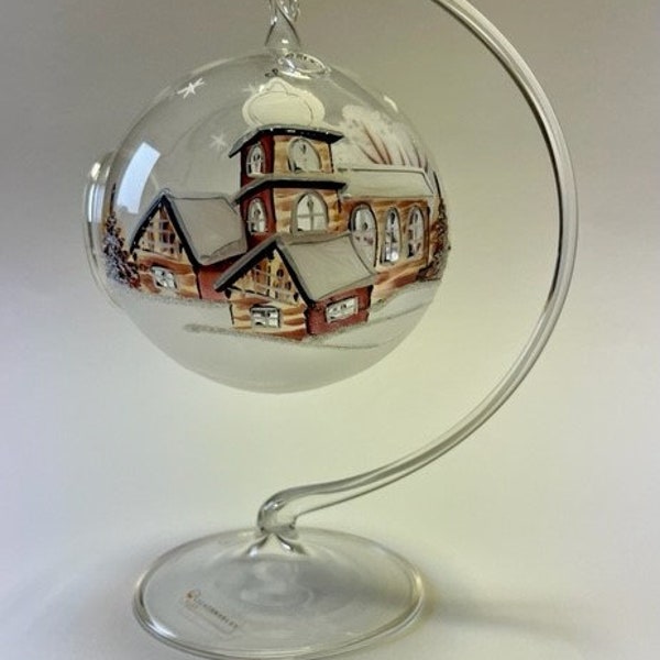 Lantern with stand, winter ball, tea light for hanging, table decoration, entirely handmade, d approx. 10 cm, houses, church in the snow, nature