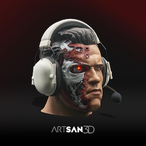 Terminator hörlursstativ – 3D-utskriven byst i naturlig storlek med LED-öga | Sci-Fi-spelskrivbordsdekor, cyborgskalledisplay för teknikälskare