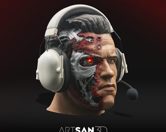 Terminator Headphone Stand – 3D Printed Life-Size Bust with LED Eye | Sci-Fi Gamer Desk Decor, Cyborg Skull Display for Tech Lovers