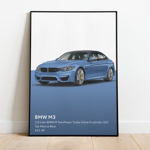 May include: A blue BMW M3 with black trim and wheels. The car has a 3.0 liter BMW M TwinPower Turbo Inline 6-cylinder engine with 431 horsepower. The car is painted Yas Marina Blue.