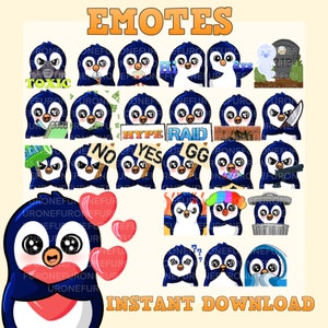 Può includere: Un set di 20 emoticon di pinguini con diverse espressioni e accessori. Gli emoticon sono blu e bianchi con occhi e becchi neri. Alcuni emoticon tengono oggetti come un coltello, una pistola, un cuore, un cartello e un bidone della spazzatura. Gli emoticon sono su uno sfondo giallo con la parola "EMOTES" in lettere arancioni in alto e "INSTANT DOWNLOAD" in lettere arancioni in basso.